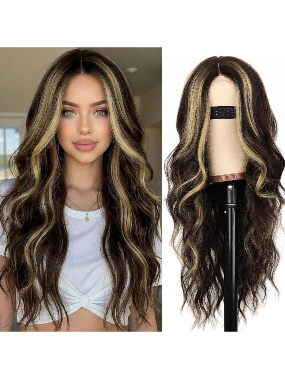Women's Dark Brown Lace Hairline 26 Inch Synthetic Heat Resistant Wavy Wigs